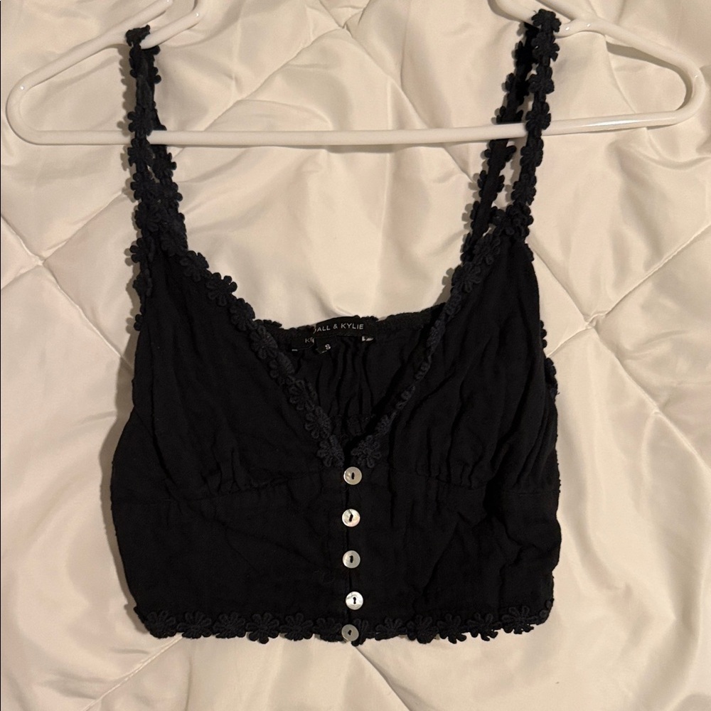 Kendall & Kylie Black Floral Trim Button Crop Top